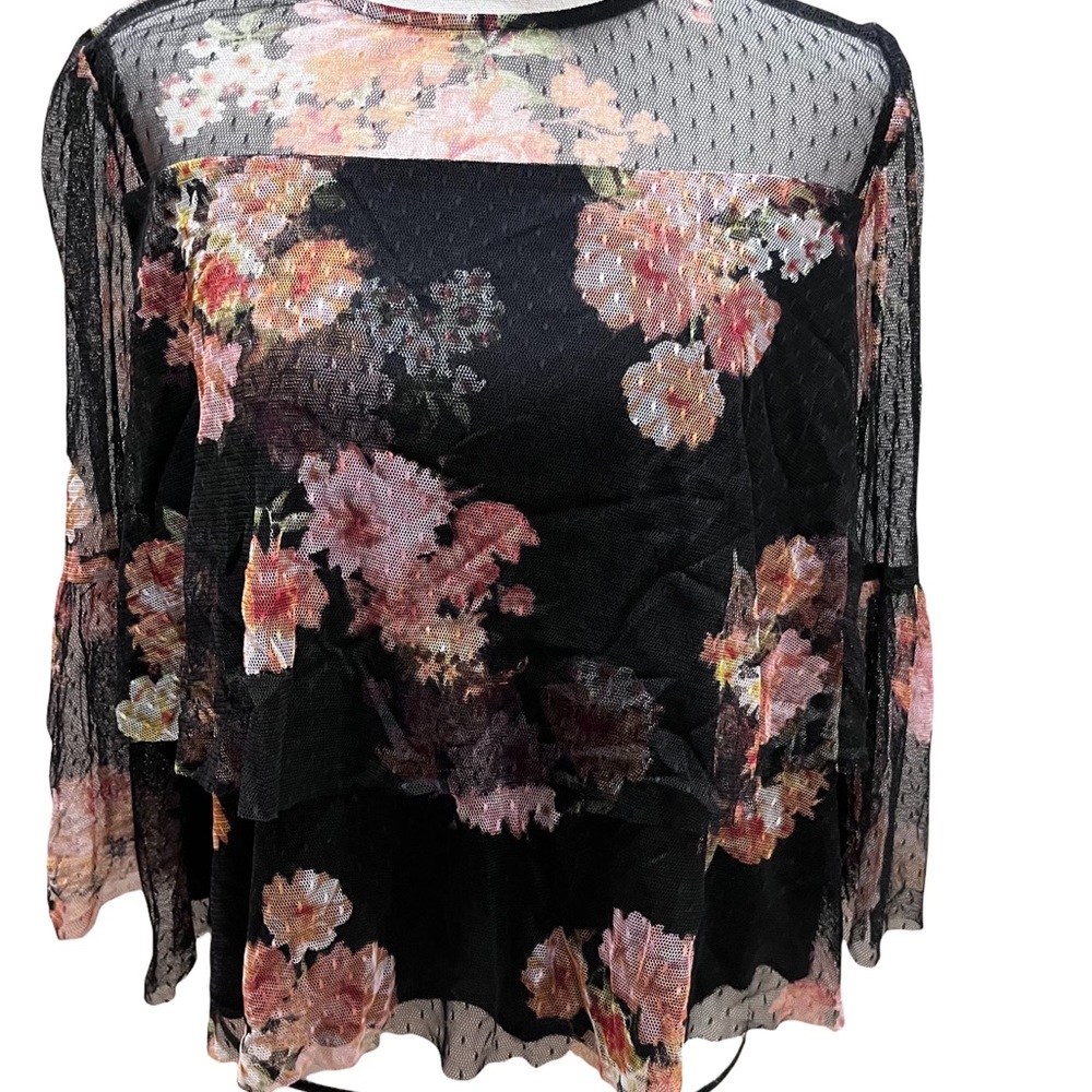 Altar’d State Black & Pink Floral Mesh Lace Top 3/4 Sheer Sleeves Sz L